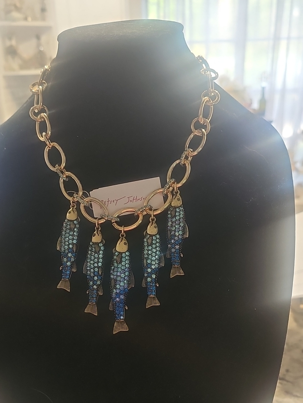 Reversible Betsey Johnson Gold-Tone Necklace with Blue Crystal Fish Charms